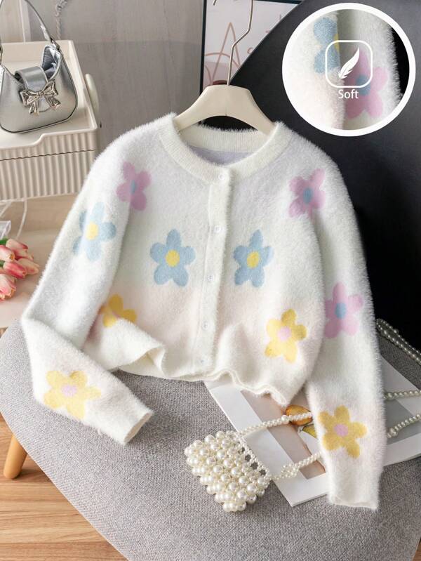 Girls Cute Floral Short Knitted Cardigan, Faux Fur Trim, Suitable For Casual Wear In Spring, Autumn And Winter