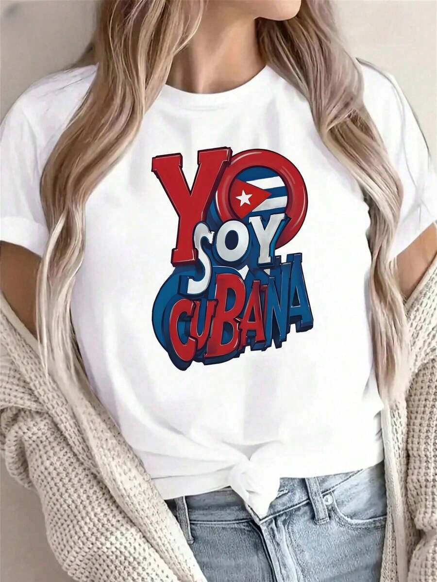Cuban Pride Ladies Graphic Tee , Women's 220gsm New Summer Casual Crew Neck Pure Cotton Short-Sleeved T-Shirt(1 PC) - trắng - Xem 1