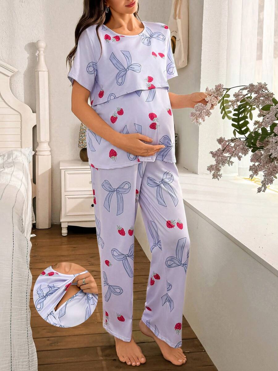 2 件孕妇和哺乳睡衣套装，蝴蝶结和水果印花短袖上衣和裤子