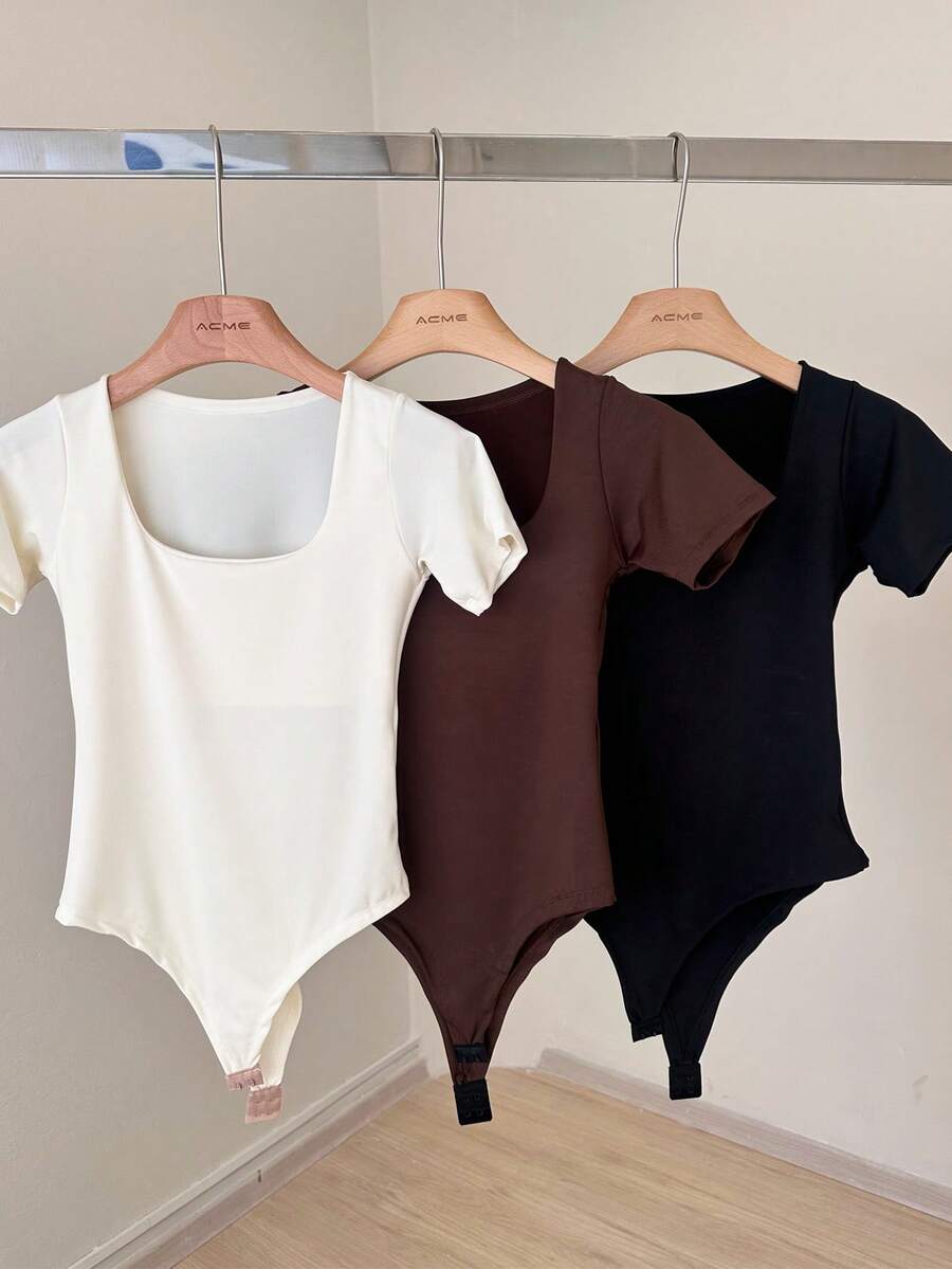 ACME MADE IN CHINA 3-Piece Suplex Bodysuit For Women, Square Neck, Short Sleeve, Thick Fabric - kit3pcs marrom/Off/preto - Xem 1