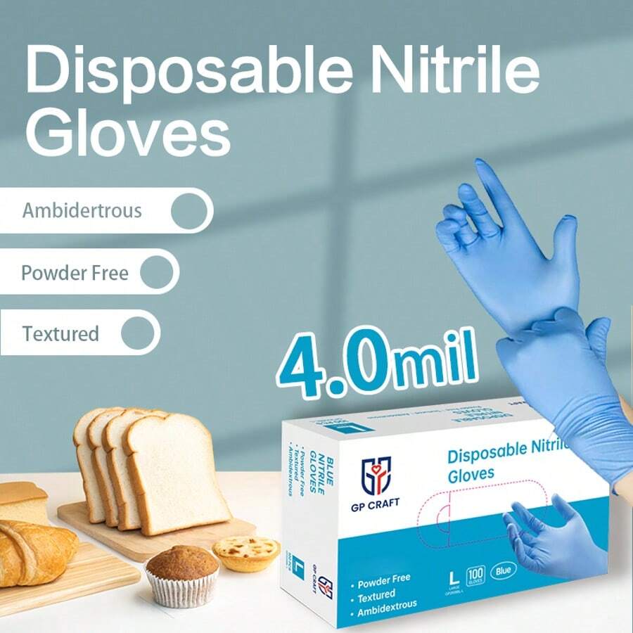 100-Ct Box 4Mil Blue Nitrile Disposable Gloves Latex-Free, Powder-Free For Outdoor Cleaning, Cooking, Food Prepping, Professional Protective Gloves - Blue - View 1