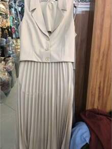 L178/573 Women's Set Vest + Pleated Skirt In Simple Tailoring Casual Fabric Button Set Beach Night Wedding Holiday All - Màu be - Xem 2