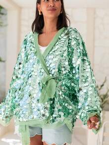 Sequin Tops For Women Lons Sleeve Blouse Contrast Color Neckline For Women Dressy Sparkly Tops V Neck Outfits For Party Glitter Tops - màu xanh lá - Xem 5