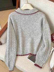 Cardigan a maglia con colletto alla coreana, bottoni a forma di cuore, stile vintage college, vestibilità morbida, colletto Peter Pan, maglione lavorato a maglia, autunnale - Grigio - Visualizzare 4
