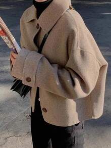 女士休闲简约纯色前开襟纽扣翻领长袖韩版外套，日常休闲款 - 駝色 - 查看 4