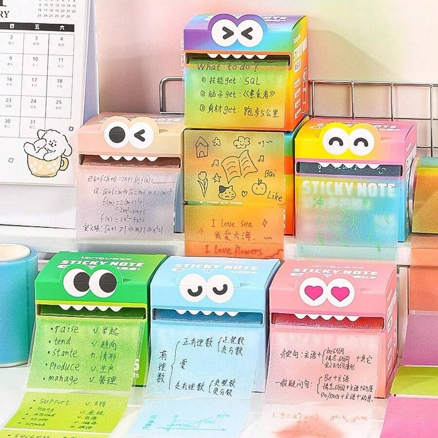 [Back To School]9-Color Highly Attractive Dopamine Palette Transparent Sticky Notes, Pull-Out Memo Pads For Writing, Messaging, Note-Taking, 105 Sheets/Roll, With Large Capacity Marker Stickers And Expansion Stickers, Suitable For Error, Question And Information Stickers - Multicolor - View 1