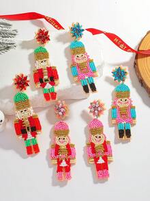 2pcs Bohemian Handmade Beaded Crystal Nutcracker Soldier Drop Earrings For Women, Festive Christmas Holiday Party Daily Wear Jewelry(Handmade Version, With Slight Variations)