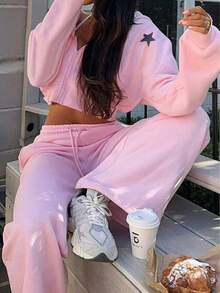 2pcs Set: Casual Versatile Hooded Zip-Up Star Print Sweatshirt Jacket And Drawstring Straight Leg Pants, Thermal Lined, New Autumn/Winter,Winter Clothes For Women,Two Pieces Set Women