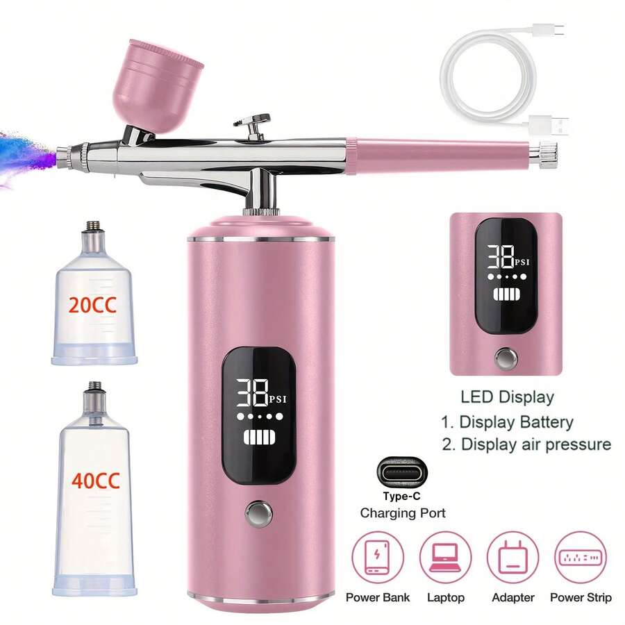 1pc Airbrush Kit With Compressor - Digital Display, 3-Speed Adjustment, Rechargeable 900mAh Lithium Battery, USB Charging , Cordless Airbrush Machine For Manicure, Make-Up, Painting, Cake Decoration - Multicolor - View 1