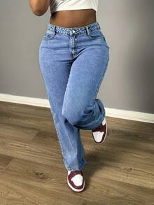Chicsale Women's Plus Size Wide Leg Jeans - Mid Rise Straight Rigid Denim | Elegant Palazzo Trousers For Everyday - Rửa trung bình - Xem 3