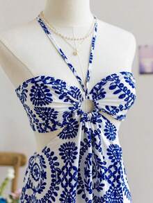 Vacaciones sexy cuello cuello hueco cintura cinched contraste color vestido de las mujeres, vestido de sol - Azul - Ver 4