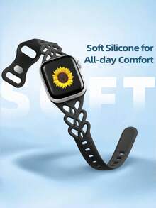 Banda de encaje trenzada delgada para Apple Watch de 40mm, 41mm, 38mm, 42mm, 44mm, 45mm, 46mm, 49mm - Correa deportiva de silicona hueca, fina, bonita y transpirable con diseño floral compatible con iWatch SE, Series 11, 10, 9, 8, 7, 6, 5, 4, 3, 1, Ultra 2 para mujeres - Negro - Ver 4