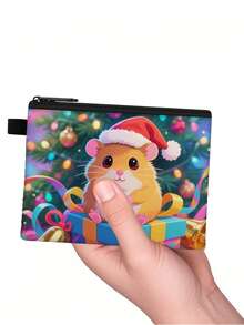 1 pieza Monedero compacto con cremallera, bolsa con cremallera de poliéster de moda y duradera, diseño divertido impreso con estilo de hámster encantador, ideal para guardar monedas y pequeños artículos esenciales, cierre , regalo original, material duradero, fácil de mantener