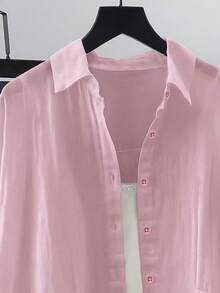 女式纯色宽松休闲长袖衬衫，带双口袋，春秋季，加大码女式衬衫，返校