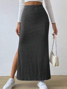 Plus Size Long Rib-Knit Pencil Skirt With Split Thigh Slight Stretch Knitted Fabric - Grey - View 6