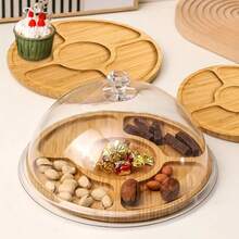 صينية خشبية للخدمة، طبق دائري من البامبو والخشب، به 5 أقسام لتقديم الحلوى والمكسرات والفواكه - طبق مقبلات دائري