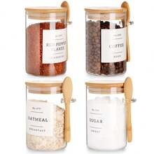 Glass Jar With Bamboo Lid And Spoon - 4 Pcs 17 Oz Sugar Container With 132 Pantry Labels - Glass Containers With Wooden Lids Hold Coffee, Tea, Candy - Transparent