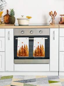 2 Pcs Thanksgiving Kitchen Towels Autumn Orange Forest Dish Towels Maple Leaf Tea Towels Microfiber Hand Towels Cute Gnome Bathroom Hand Towels Autumn Absorbent Towels