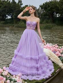 Faeriesty 奢华女士亮片无肩带及地晚礼服，露背系带，超大荷叶边网纱裙摆，适合鸡尾酒会/婚礼 - 紫色 - 查看 7