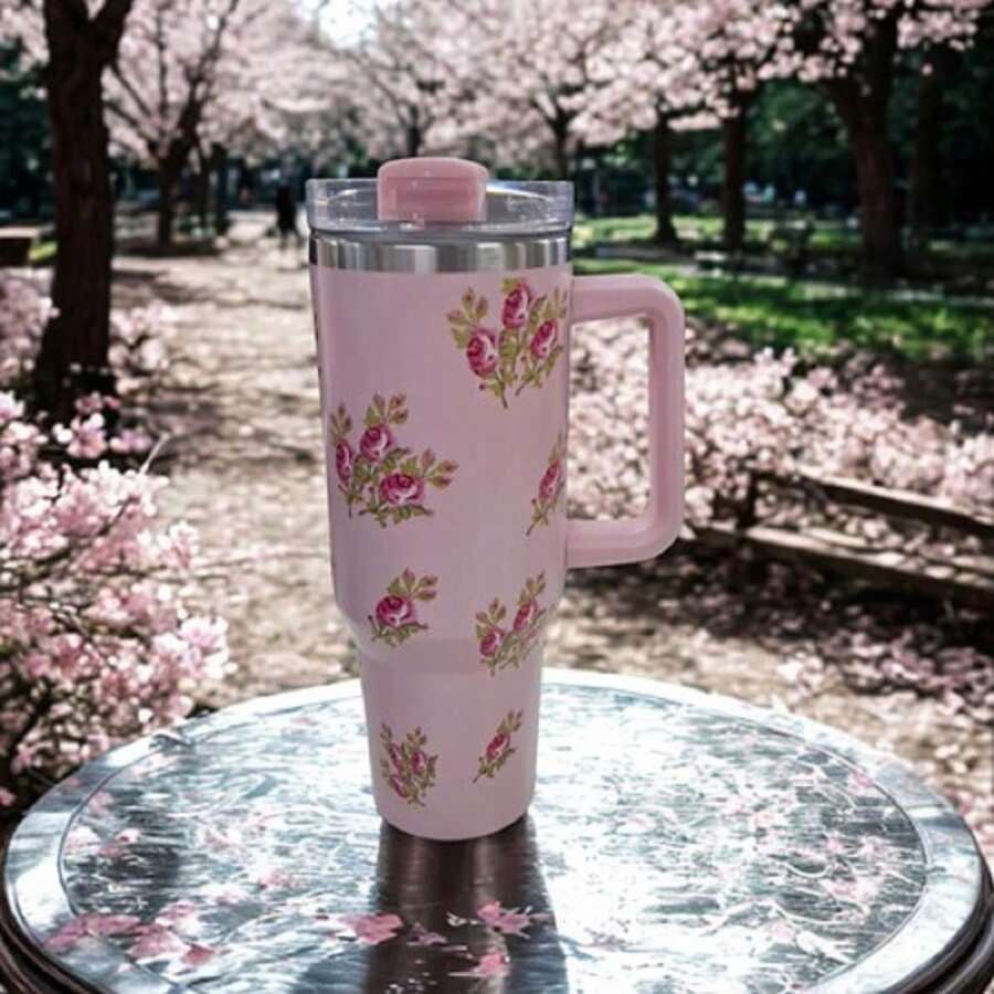 Floral Stainless Steel Thermal Mug With Handle, Lid, And Straw For Coffee, Tea, Juice, Or Water. Designed To Be Portable, It's Ideal For Travel, The Gym, The Car, The Office, And As A Gift. - Rosa Prêmio - 查看 1