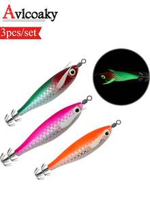 AVLCOAKY Juego de 3 señuelos de calamar fosforescente de 8 cm / 5,6 g con anzuelo para pesca de agua salada, cebo artificial de huevo de madera, camarón, pulpo, calamar y jibia