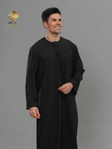 2025 Latest Bestselling Men's Black Prayer Robe, Premium Quality Men's Arabic Thobe, Soft Fabric, Fashionable Long Sleeve Omani Style - Black - View 8