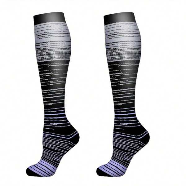 Colorful Striped Compression Socks, Knee-High, Breathable And Moisture-Wicking, Suitable For Running, Cycling, Outdoor Activities, Machine Washable, All Season, Unisex, Fitness & Cycling Accessory, Fashionable Striped Design, Durable Knit Socks