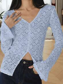 Women's Lace Tops Fashionable Solid Color V Neck Blouse Flared Long Sleeve Slim Fit Button Up Shirt - Màu xanh lam - Xem 5