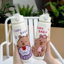 1pc Cute Water Bottle With Water Vole/Capybara Theme Print, 23oz Plastic Sports Water Bottle With Lid, Straw And Lanyard, Portable For Outdoor Sports, Hiking, Travel, Camping, Holiday & Halloween Gifts