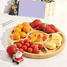 صينية خشبية للخدمة، طبق دائري من البامبو والخشب، به 5 أقسام لتقديم الحلوى والمكسرات والفواكه - طبق مقبلات دائري