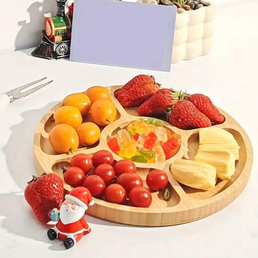 صينية خشبية للخدمة، طبق دائري من البامبو والخشب، به 5 أقسام لتقديم الحلوى والمكسرات والفواكه - طبق مقبلات دائري