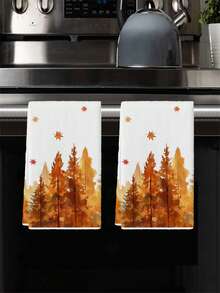 2 Pcs Thanksgiving Kitchen Towels Autumn Orange Forest Dish Towels Maple Leaf Tea Towels Microfiber Hand Towels Cute Gnome Bathroom Hand Towels Autumn Absorbent Towels