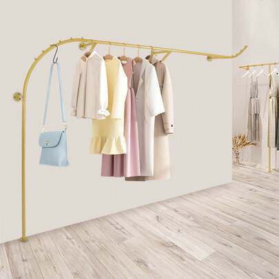 Stylish Wall-Mounted Clothes Rack In Elegant Gold, Durable Iron Construction, Ample Hanging Space, Perfect For Retail Or Home Use, Easy Installation And Maintenance