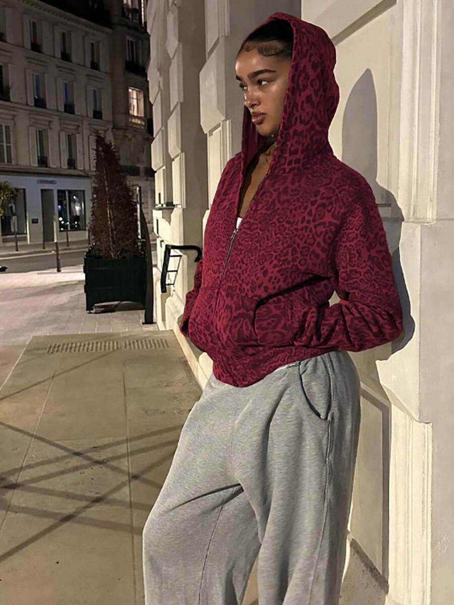 女士Y2K高街袋鼠口袋卫衣，女士豹纹长袖外套 - 玫紅色 - 查看 1