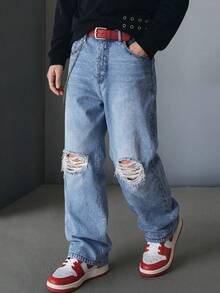 Men's Casual Loose Wide Leg Distressed Jeans, Versatile All-Season, Fashionable Streetwear, Suitable For Work, Commute, Stage Performance, Hangout With Friends, Outdoor Wear - Blue - View 6