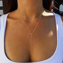 1pc Stainless Steel Double-Layer Necklace Long Pendant Necklace Jewelry Y-Shaped Chain With Round Ball Pendant Double Chain Necklace For Women Daily Wea