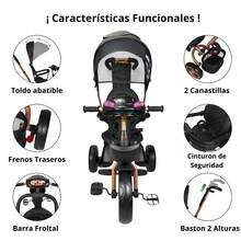 Triciclo Infantil Tipo Carriola Con Bastón Ajustable Luz Y Sonido - Negro - Ver 6