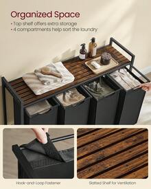VASAGLE Laundry Hamper, Laundry Basket, Laundry Sorter With 4 Pull-Out And Removable Bags, Shelf, Metal Frame, 4 X 10.6 Gallons (40 L), 45.7 X 13 X 28.4 Inches - 墨黑色+鄉村棕 - 查看 3