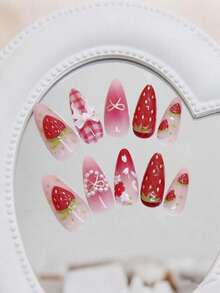24片装新鲜草莓心形3D立体美甲贴片 - 杏仁形 - 中等长度，可移除美甲贴纸，适合女性美甲用品 - 粉色 - 查看 4
