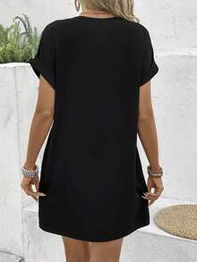 Printed T-Shirt Dress, Overseas Printing, Leopard Plaid Christmas Tree Print Women's T-Shirt Skirt Short Sleeved Round Neck Casual Loose Fit Over The Knee With Pockets, Short Sleeved Dress, Spring And Summer Beach Wear - 黑色 - 查看 2