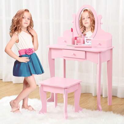 Dragonpad Kids Vanity Set With Mirror And Stool & Drawers, Makeup Dressing Table For Girls Ages 4 To 9 Kids Vanities Dress Up Playset For Bedroom And Playroom Furniture