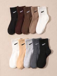 10 双儿童纯色弹力中筒休闲舒适运动袜，秋冬