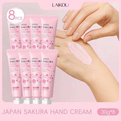  Bộ 8 tuýp kem dưỡng ẩm và phục hồi da tay LAIKOU hương hoa anh đào Nhật Bản, 30g/ tuýp, kem dưỡng da tay chống nhăn và làm trắng da, phù hợp cho phụ nữ, các bà mẹ, vợ, chị em gái, bạn gái, lý tưởng cho du lịch, cắm trại, leo núi, đi bộ đường dài, spa ngoài trời và các hoạt động ngoài trời khác, cũng là một món quà ý nghĩa dành cho bạn gái.