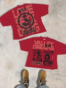 A 220-Gram Pure Cotton T-Shirt. The Back Has A Distressed Text Pattern Like "LOVE  DREAMS". The Front Features A "VALLEY DREAMS" Theme With Retro Poster-Style Character Images. Suitable For Men Who Like The Vintage Street Style For Daily Summer Wear. - 紅色 - 查看 1