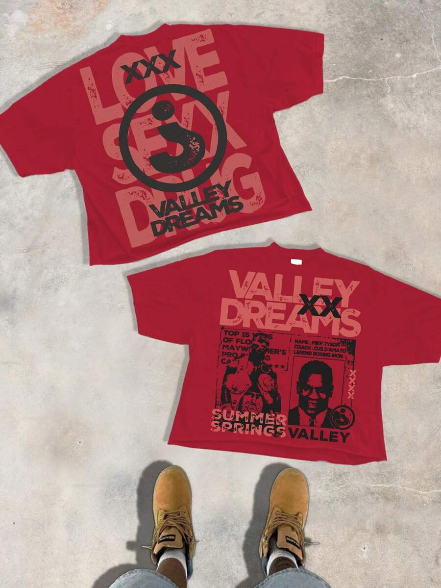 A 220-Gram Pure Cotton T-Shirt. The Back Has A Distressed Text Pattern Like "LOVE  DREAMS". The Front Features A "VALLEY DREAMS" Theme With Retro Poster-Style Character Images. Suitable For Men Who Like The Vintage Street Style For Daily Summer Wear. - 紅色 - 查看 1