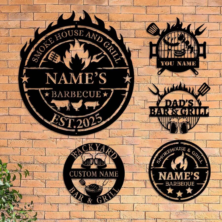1pc Customized Metal Barbecue Nameplate, Personalized Outdoor Grill Decor Plate, Engraved Plaque For Grandpa Gift, Custom Metal Wall Art For Backyard - Black - View 1