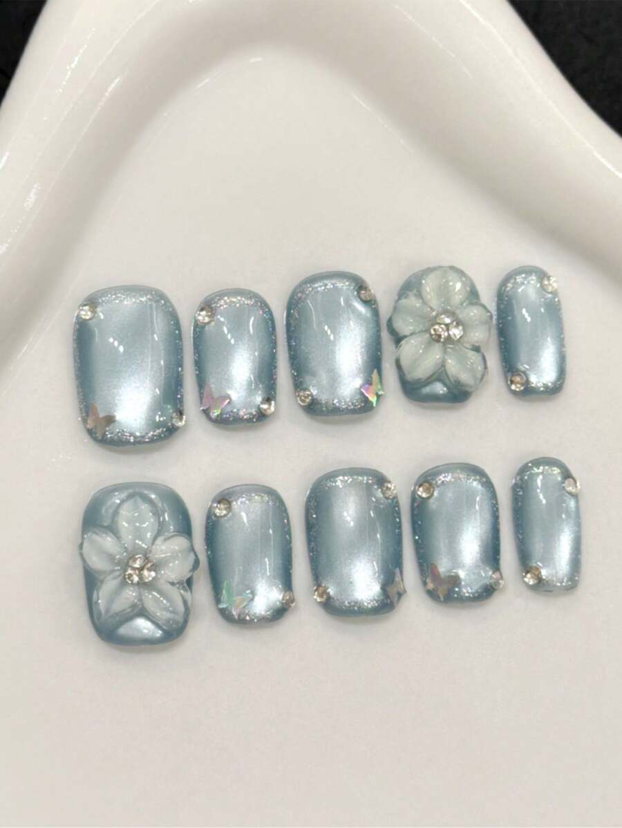 10 Pieces Short Nail Square Nail Ice Translucent Sculpted Blue Nail, Reusable Spring And Summer Daily Wear Ladies Nail Art Accessories, Fashionable And Durable Nail Art, Special For Ladies Event Party, Handmade Nail Accessories, Suitable For Nail Art DIY Enthusiasts, Favorite Gift For Ladies Girls, Back To School, Press On Nails