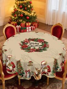 1件复古布艺圣诞桌布，圣诞老人树花环图案，圆形/方形可选，适用于家居装饰、厨房装饰、房间装饰、圣诞桌布/桌裙、圣诞饰品、圣诞派对、圣诞礼物、圣诞派对小礼物、平安夜装饰、2026新年装饰