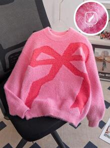 Girls' Street Style Bow Knit Sweater, Faux Fur Trim, Suitable For Casual Wear In Spring, Autumn And Winter