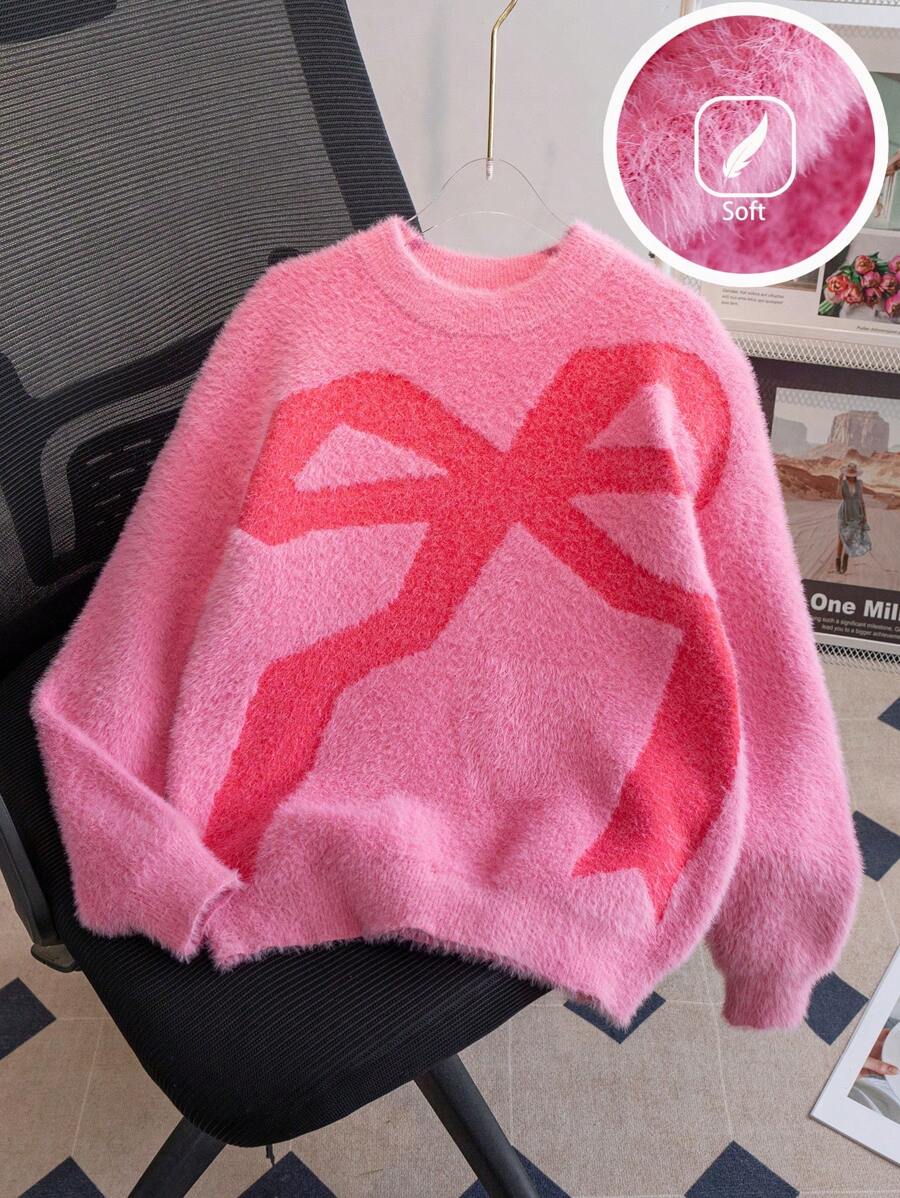 Girls' Street Style Bow Knit Sweater, Faux Fur Trim, Suitable For Casual Wear In Spring, Autumn And Winter